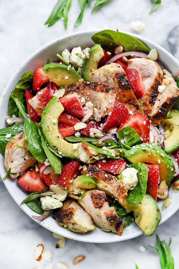 strawberry avocado and spinach salad with chicken from Foodie Crush