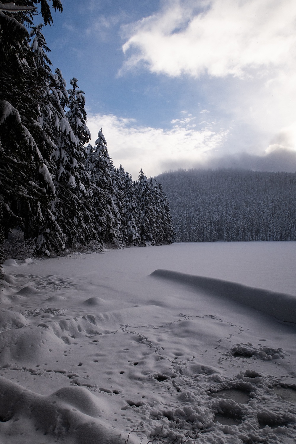 lower twin lake covered in snow